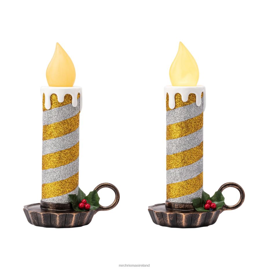 Mr. Christmas Decoration 10" Set of 2 Flickering LED Resin Glittery Striped Candles-Gold & Silver 000XL223