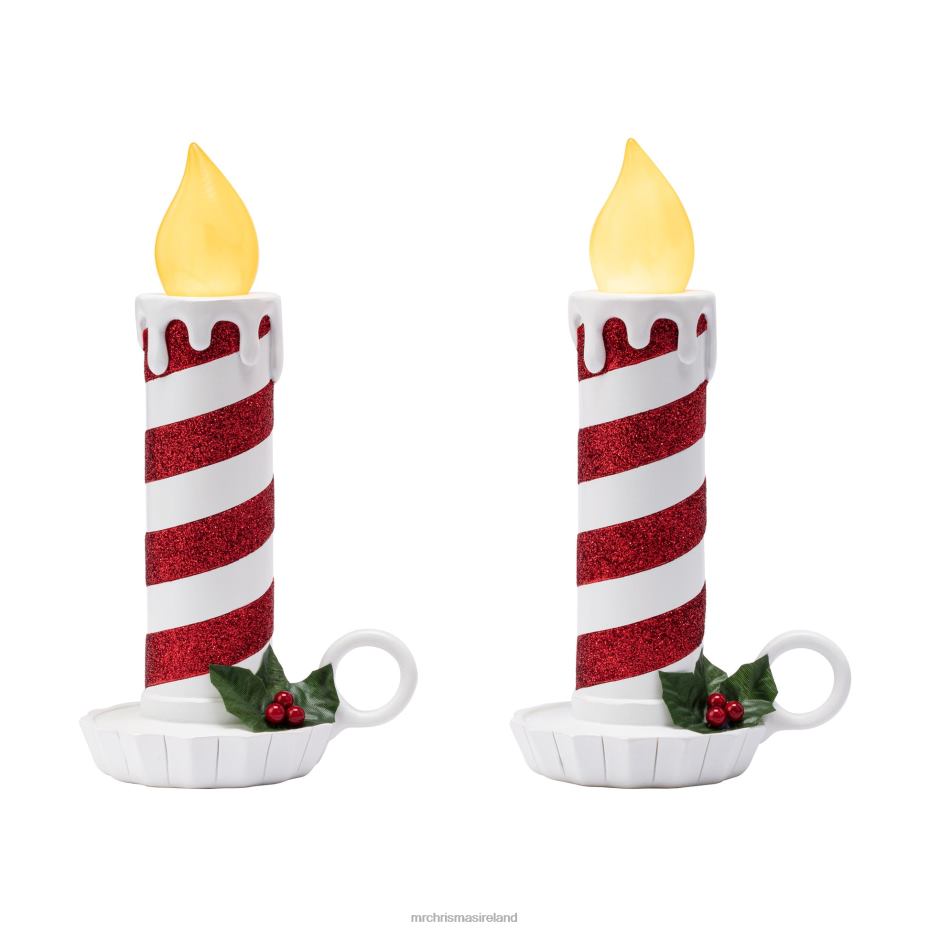 Mr. Christmas Decoration 10" Set of 2 Flickering LED Resin Glittery Striped Candles-Red & White 000XL222
