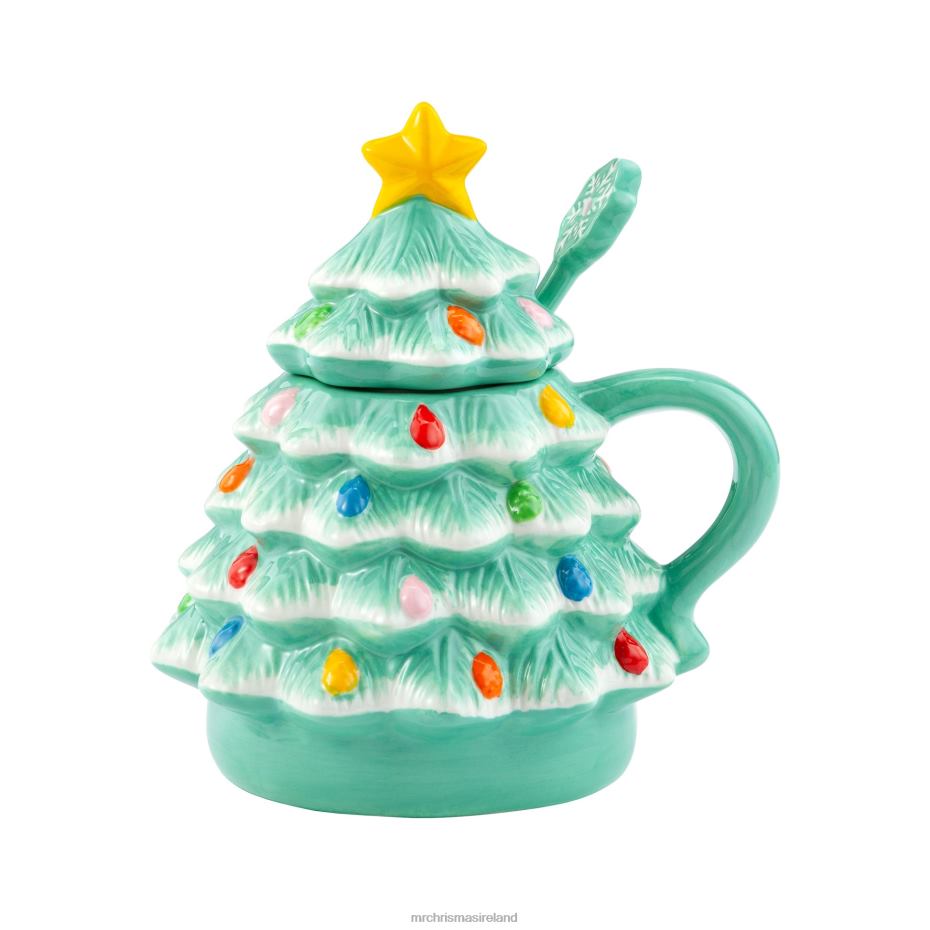 Mr. Christmas Decoration 16 oz Nostalgic Ceramic Tree Lidded Mug with Spoon-Seafoam 000XL94