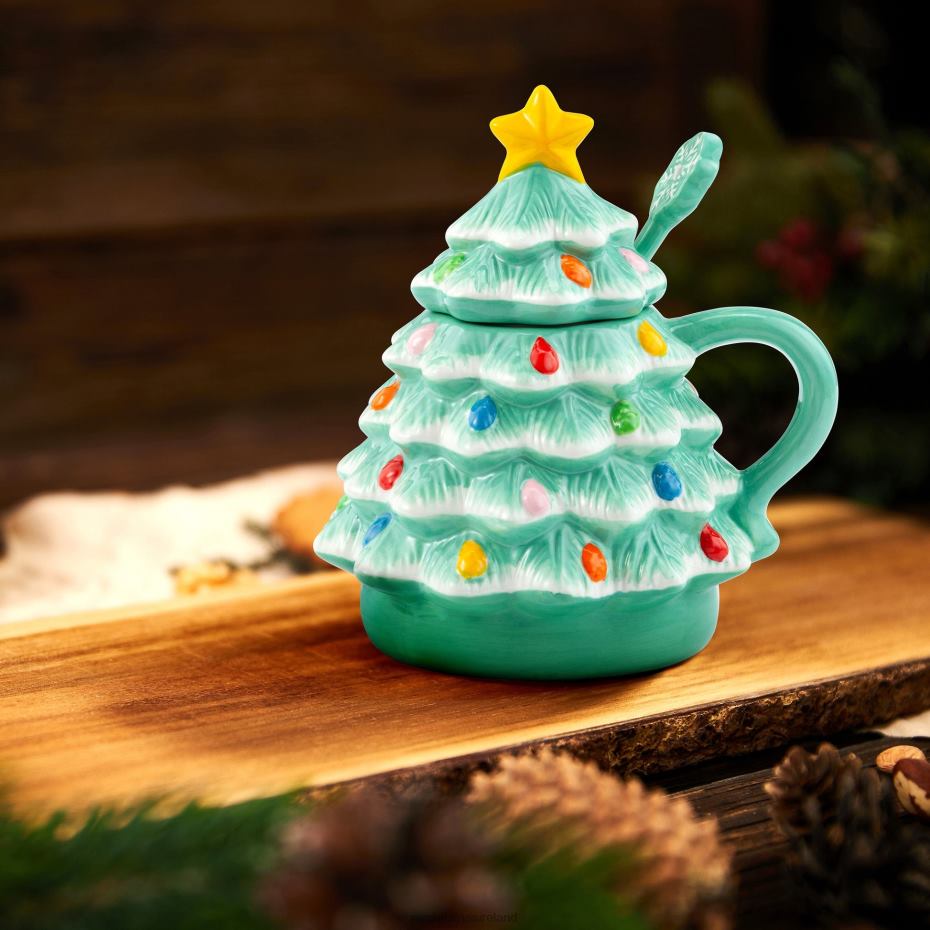 Mr. Christmas Decoration 16 oz Nostalgic Ceramic Tree Lidded Mug with Spoon-Seafoam 000XL94