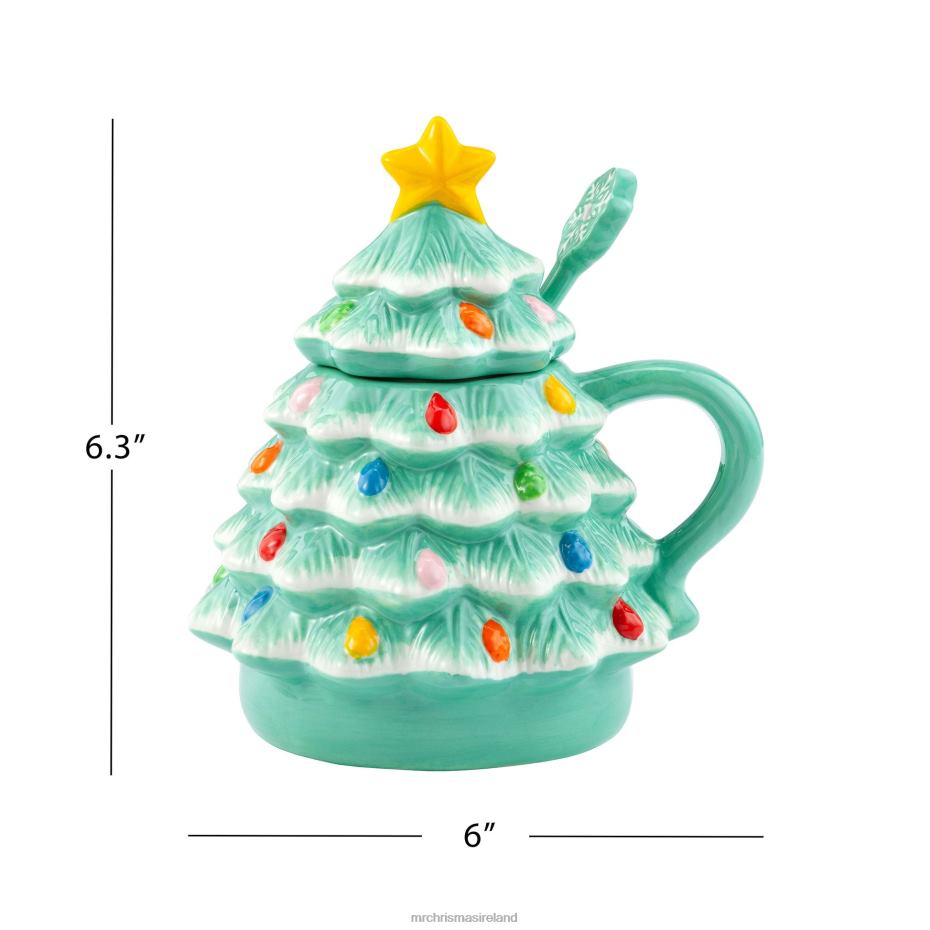 Mr. Christmas Decoration 16 oz Nostalgic Ceramic Tree Lidded Mug with Spoon-Seafoam 000XL94