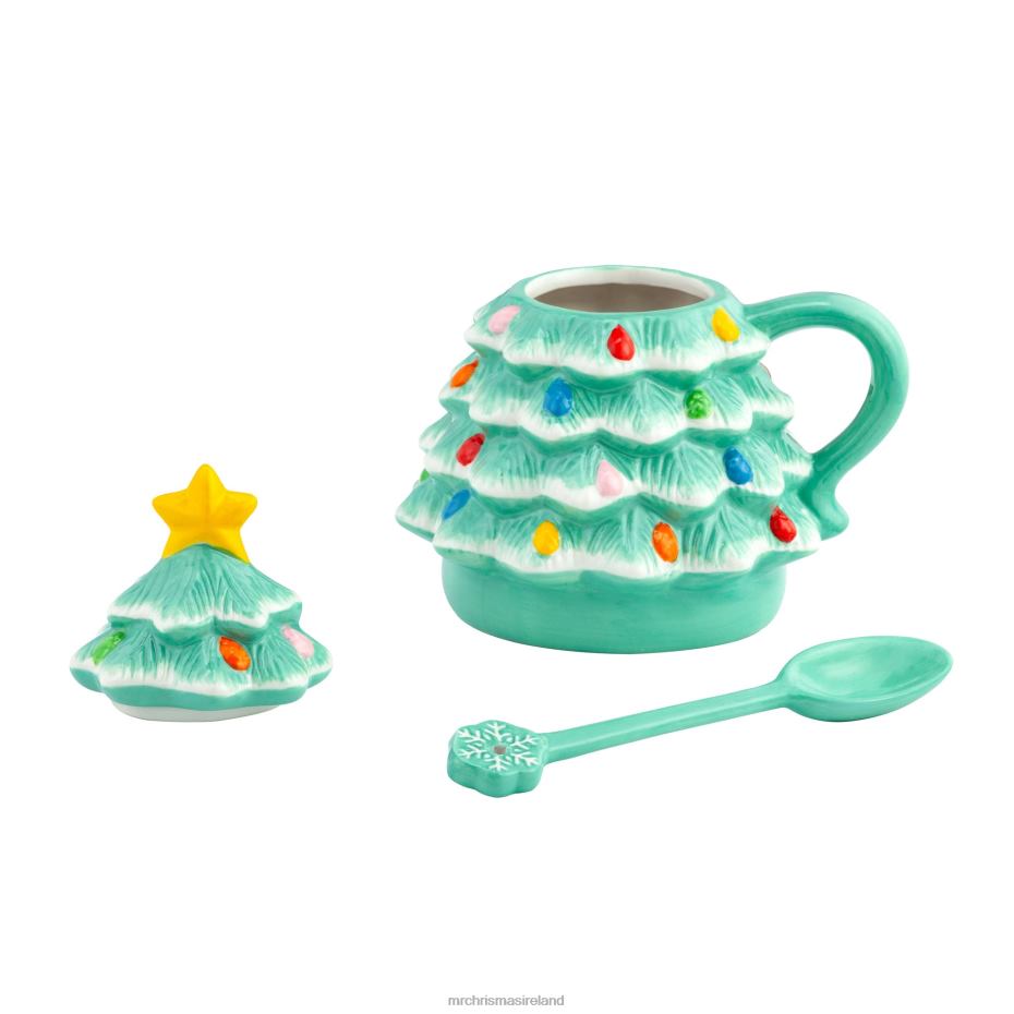 Mr. Christmas Decoration 16 oz Nostalgic Ceramic Tree Lidded Mug with Spoon-Seafoam 000XL94