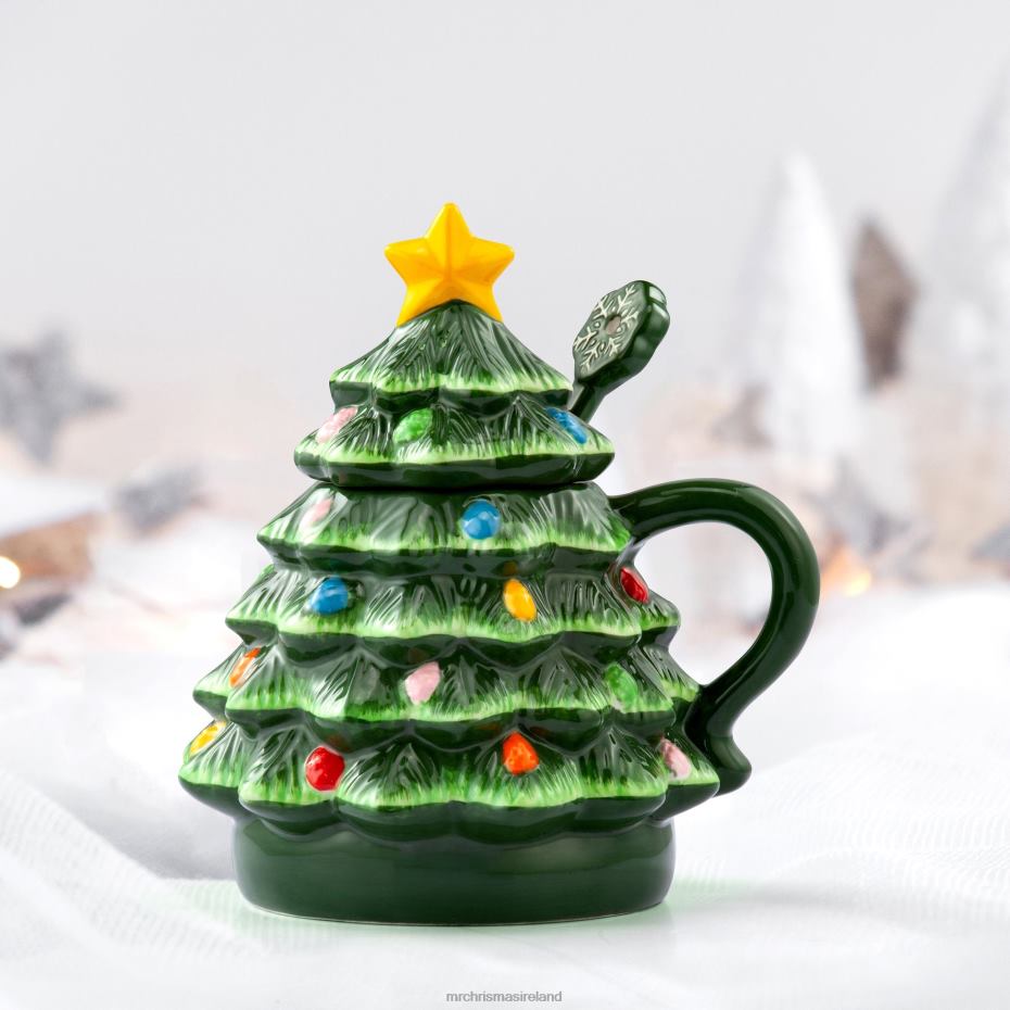 Mr. Christmas Decoration 16oz Nostalgic Ceramic Tree Lidded Mug with Spoon-Green 000XL95