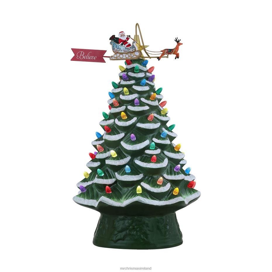 Mr. Christmas Decoration 90th Anniversary Collection-16" Lit Ceramic Tree with Animated Santa's Sleigh, Green 000XL8