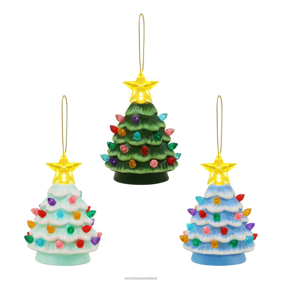 Mr. Christmas Decoration 4" Set of 3 Nostalgic Ceramic Lit Tree Ornaments-Green, Light Blue, Seafoam 000XL121